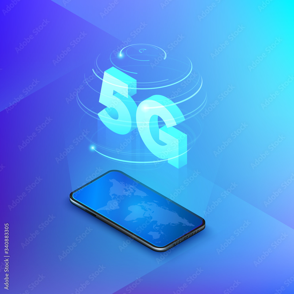 Poster 5g fast mobile networks. mobile phone with global map on screen and hologram of web connection wirel