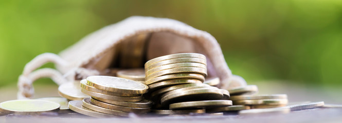 Gold money coins, covid-19 coronavirus financial stimulus, aid package symbol, help concept, banner.