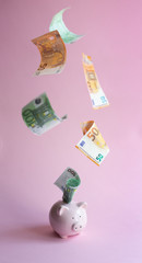 Dollars falling into pink piggy bank on pink background. Fly euro vertical concept.