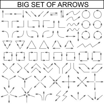 Big set of arrows. Black isolated on white background. Vector illustration.