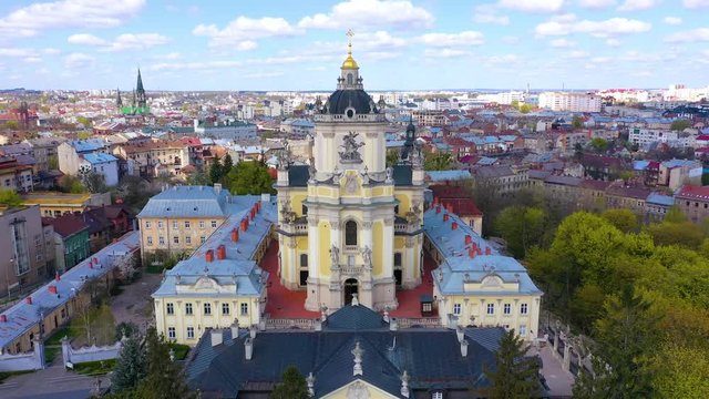 Aerial view on St. George's Cathedral in Lviv, Ukraine from drone