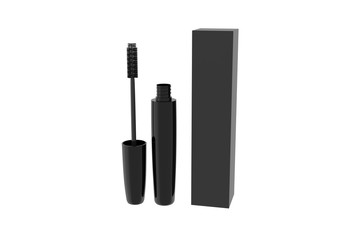 Mascara Bottle and Brush. Fashionable cosmetics Makeup for Eyes, Black Mascara wand and Tube Isolated on White. Extensible mascara and volume. 3d illustration