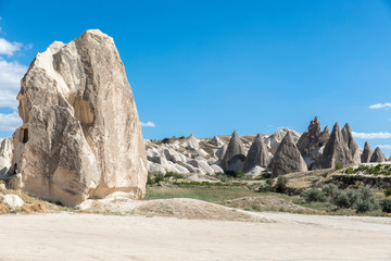 Fototapeta na wymiar Volcanic tufa formations in Turkey's Cappadocia, Nevsehir, Turkey.