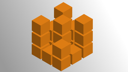 Isometric vector illustration of an array of 27 cubes displaced in a 3D matrix configuration.