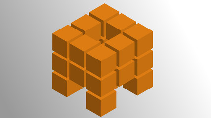 Isometric vector illustration of an array of 27 cubes displaced in a 3D matrix configuration.