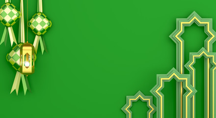 Ketupat traditional food for eid mubarak or Selamat Hari Raya Idul Fitri in Indonesia or Malaysia, gold arabic lantern, copy space text area, 3D rendering illustration.