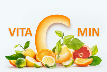 Vitamin C concept. Group of various organic citrus fruits with halves, slices and green leaves at...