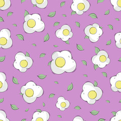 fried eggs and basil leaves, pattern on a purple background, flat illustration with lines in minimal style