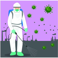 Vector illustration of a coronary injection (Covid-19) personnel sterilization spray. Behind is an industrial factory.