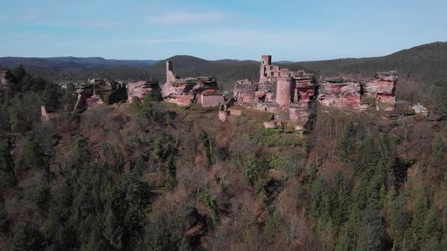 Aerial shot of Altdahn Castle located in the Palatine Forest, Germany.
