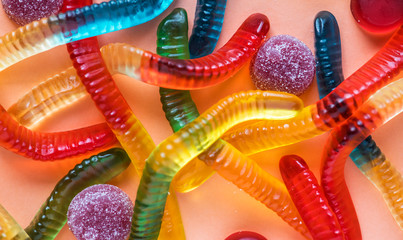 Closeup of colorful jelly worms and other assorted jellies