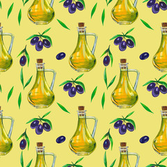 Olive oil bottles with olives and leaves. Seamless pattern design for wallpaper, textile, fabric, packaging.