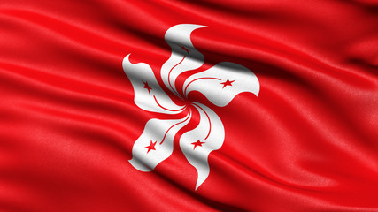 3D illustration of the flag of Hong Kong waving in the wind. - obrazy, fototapety, plakaty