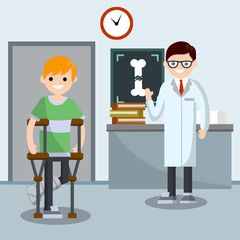 Man with broken leg. Patient in hospital on crutches. doctor in white coat. Guy with injury. Hospital room. Cartoon flat illustration. White bone. Internal x-ray. Medical care