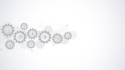 Information technology with infographic elements and flat icons. Cogs and gear wheel mechanisms. Hi-tech digital technology and engineering. Abstract technical background.