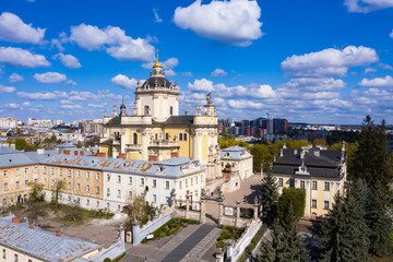 Obraz premium Aerial view on St. George's Cathedral in Lviv, Ukraine from drone