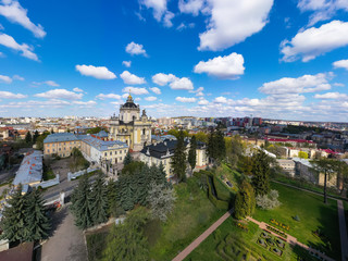 Aerial view on St. George's Cathedral in Lviv, Ukraine from drone