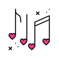 Music notes with hearts line icon. Disco, dance, nightlife, club, party theme. Happy Valentine day sign and symbol.