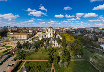 Fototapeta na wymiar Aerial view on St. George's Cathedral in Lviv, Ukraine from drone