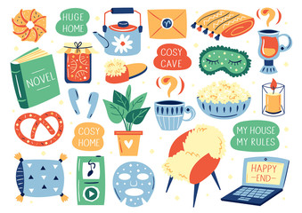 Set of different cute lifestyle items. My house my rules. Cosy home. Coronavirus pandemic self isolation, protection. Flat colourful vector illustration icon isolated on white background.