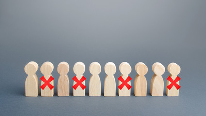 Row of people with red X. Reductions and work layoffs due to restrictive quarantine and pandemic....