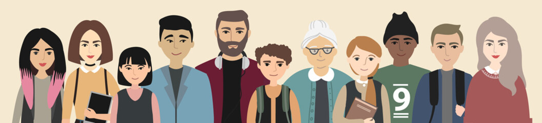 multinational group of people isolated. Elderly and young men, women and kids standing together on horizontal banner. Society or population. Flat stock vector illustration.