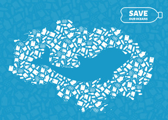 Plastic waste ocean environment problem concept vector illustration. Dolphin ocean mammal outline cut in plastic waste flat icon patch. Sustainable lifestyle, underwater wildlife danger concept