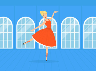 Beautiful Ballerina Dancer in Red Dress Performing Dance Vector Illustration
