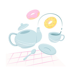 Tea party with colored donuts isolated on white background