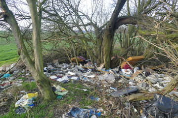 Illegal dumping of waste found in polluted and damaged woods, enviromental catastrophe