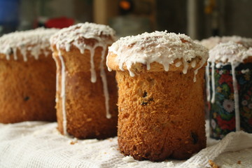 religious holiday, easter, close-up of delicious home-made festive pastries, cakes with white icing