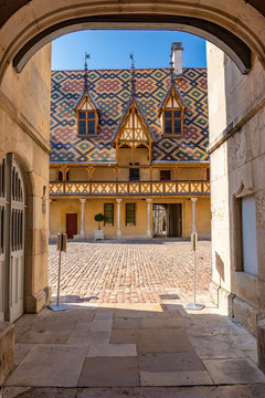 19 September 2019. Courtyard of Hotel Dieu or Hospice de Beaune, in Burgundy region, France..