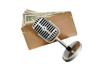 A retro microphone on money background. Concept of making money by Podcasting.