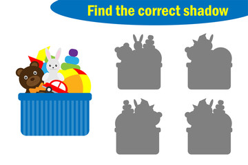 Find the correct shadow, toys game for children, in cartoon style, education game for kids, preschool worksheet activity, task for the development of logical thinking, vector illustration