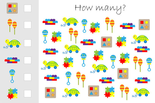 How many counting game with toys for kids, educational maths task for the development of logical thinking, preschool worksheet activity, count and write the result, vector illustration