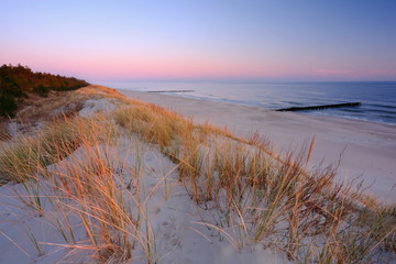 Fototapeta Wydmy na wybrzeżu Morza Bałtyckiego,plaża w Dźwirzynie o wschodzie słońca. obraz