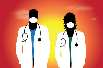 Vector silhouette of doctor couple with medical mask at sunset. Symbol of healthy.