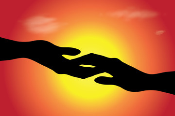 Vector silhouette of hands in contact at sunset. Symbol of help and assistance.