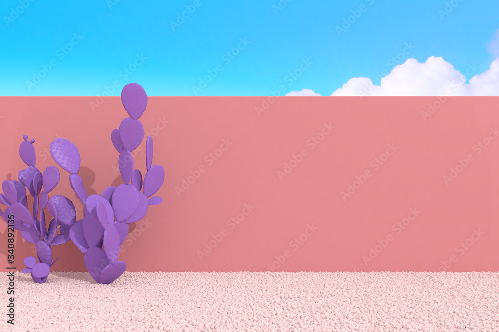 Aufkleber Minimal style of cactus and staircase on blue sky background. wall with shade and shadow on gravel. 3D rendering.