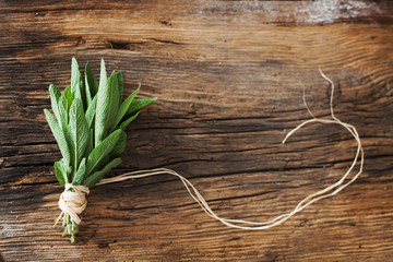 sage- bunch applies herbs on a wooden table - background