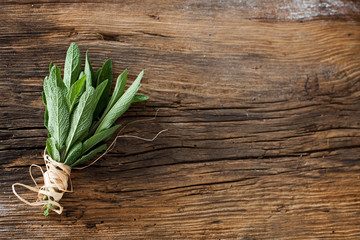 sage- bunch applies herbs on a wooden table - background