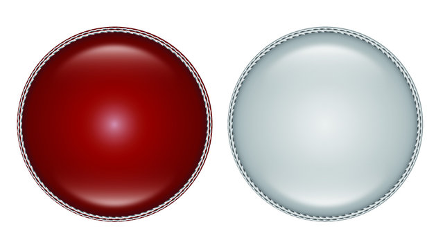 A vector illustration of the side view of red and white cricket ball with a white stitched seam on an isolated background