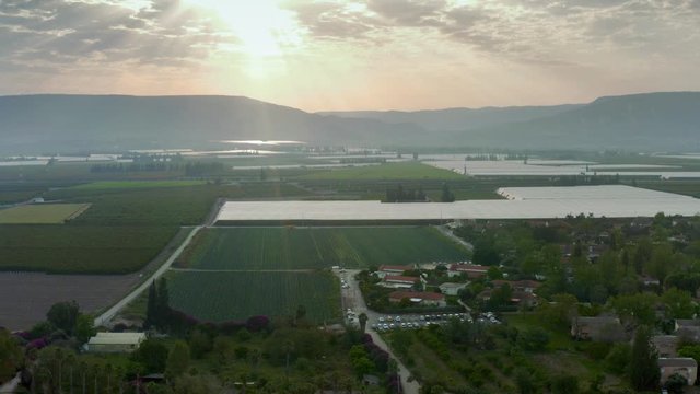 View of the Israeli Kibbutz Bet Zera in the early morning. top view. agricultural view. UHD video