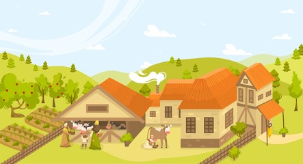 Eco buildings agriculture farming rural landscape vector illustration with farm, cows barn, garden, beds of organic vegetables. Farmers, agricultural organic products, ecology concept.