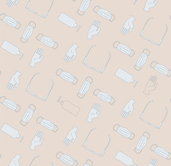 Seamless patterns with masks, glasses, hand sanitizer, pastel colors. 