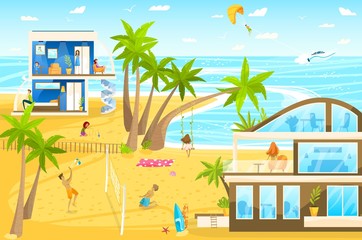 Obraz premium Family on beach vacation on tropical resort cartoon vector illustration with children playing with ball and water gun, building sand castles. Leisure on seacoast for family in beach hotel.