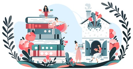 Girls reading books, lovers to read, knowledge and education, stacks of giant books, plants and flowers and readers cartoon vector illustration. Book store or library with literature for women.