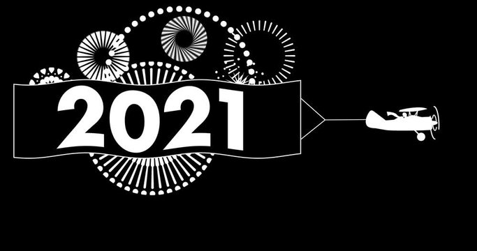 Animation of flying Biplane with banner 2021 and firework sparkle