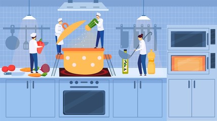 Cozy kitchen interior with chefs little people cook soup in cooker on stove, vegetables, cartoon vector illustration. Kitchen home interior and people cooking dinner, oil, products.