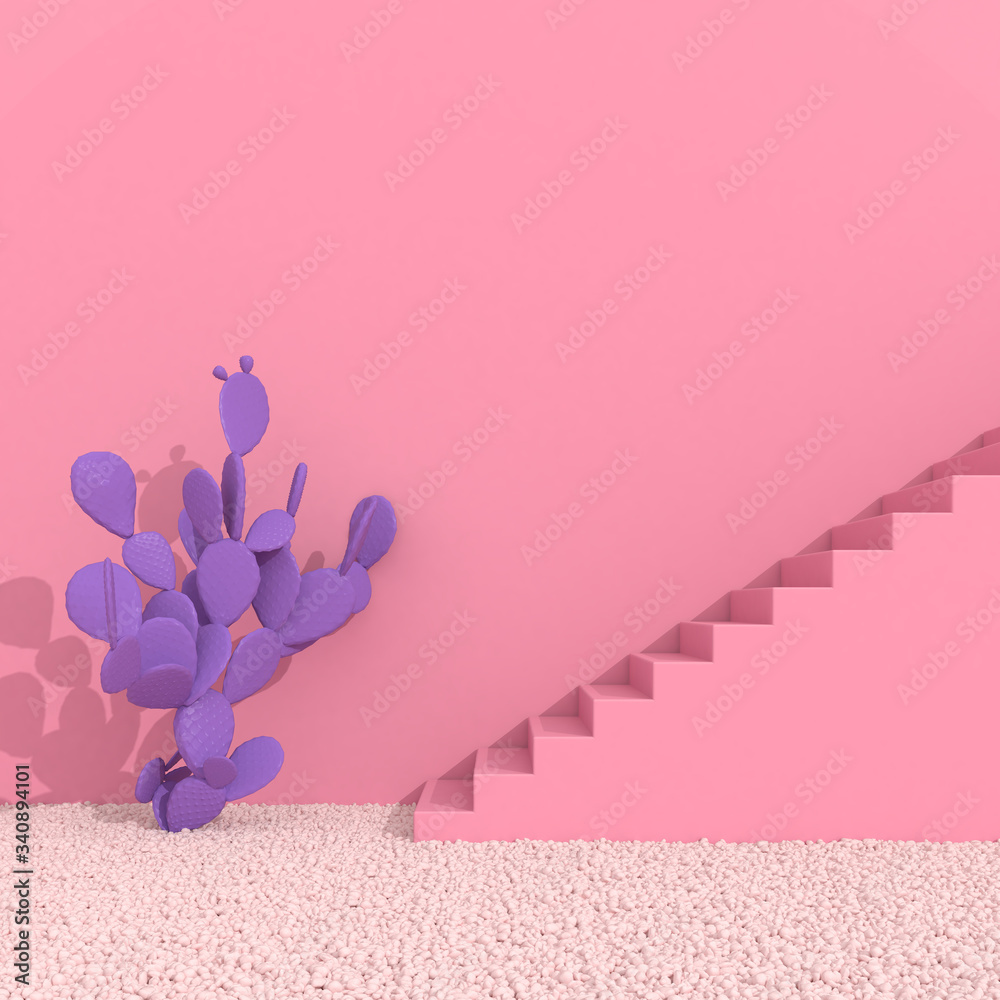 Poster minimal style of cactus and staircase on pink background. wall with shade and shadow on gravel. 3d r